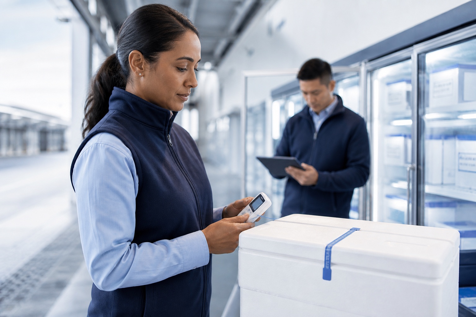 A logistics specialist verifying the temperature of a sealed pharma shipment