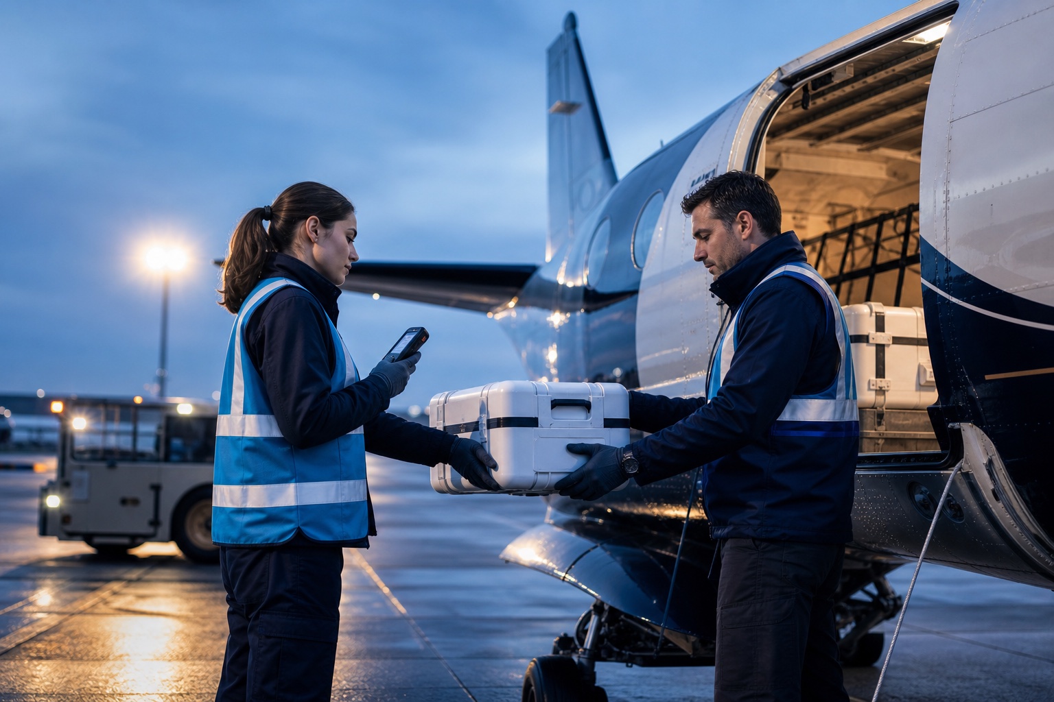 Air cargo specialists completing a time-critical healthcare shipment handoff