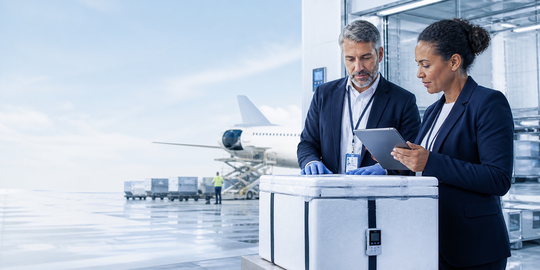 Pharma cold-chain logistics specialists reviewing a time-critical shipment